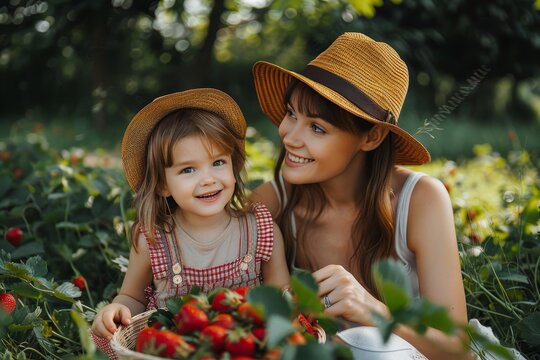 Smiling mother and daughter wearing hats and picking strawberries in a strawberry field on a sunny day - Powered by Adobe