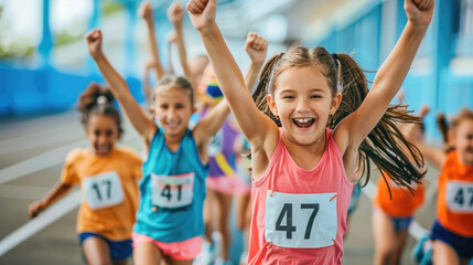 Obraz premium A group of young girls are running a race, with one girl wearing a pink shirt with the number 47 on it. The girls are all smiling and cheering each other on, creating a positive