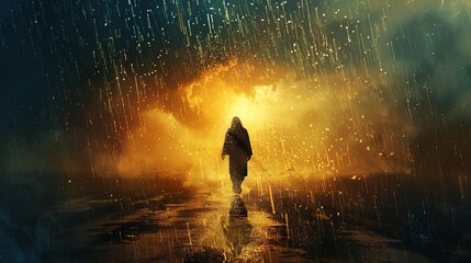 jesus christ walking in the rain digital painting featuring a thoughtprovoking conceptual illustration with atmospheric lighting - obrazy, fototapety, plakaty