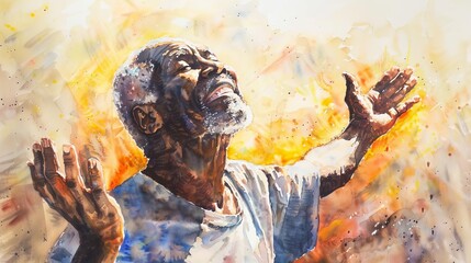 joyful disabled african american man praising god for blessings and healing watercolor painting