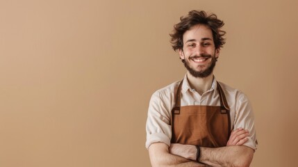 Smiling man in a brown apron - Powered by Adobe
