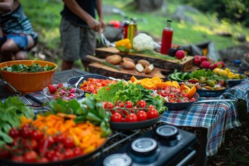Friends gathered around a table in nature, preparing a meal with an assortment of vibrant fresh vegetables and fruits