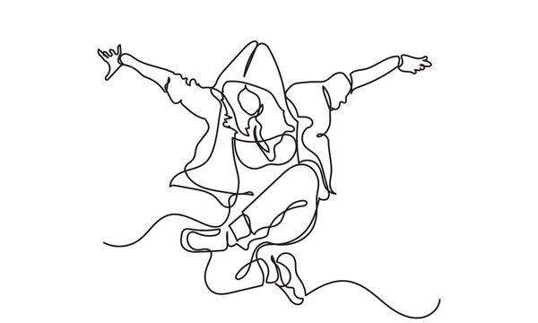 recommend clip art: continuous line drawing of a young girl energetic hip-hop dancer woman practicing.Single line art concept of female hip-hop dance. Vector illustration.