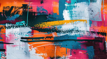 This piece presents an energetic abstract painting with intense colors and dynamic brush strokes