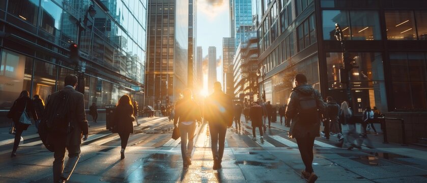 Pedestrians dress smartly for a commuting morning or a shopping trip downtown. Successful people walking in downtown on a cloudy day. Office Managers and Business People commute to work on foot on a