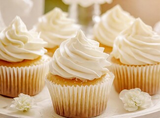 Cupcakes With White Icing on Table at Party or Event