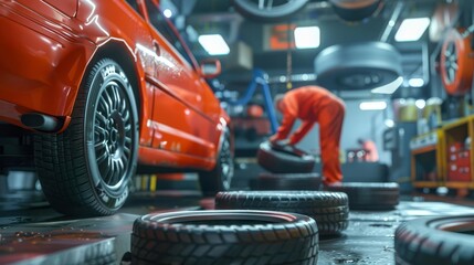 mechanic changing car tire in auto repair shop vehicle maintenance and servicing concept digital 3d illustration - obrazy, fototapety, plakaty