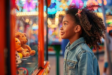 A young girl stands enchanted by vibrant carnival games and prizes, longing for a win at the funfair