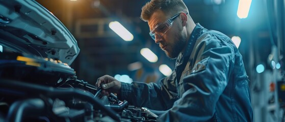 Worker in Safety Glasses Repairs the Engine on a Vehicle. Specialist Unscrews Bolts with a Ratchet. Modern Clean Workshop. Professional Mechanic Working on a Car. - obrazy, fototapety, plakaty