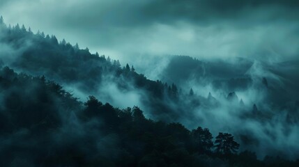 misty mountain landscape at dusk dark moody atmosphere abstract nature background - obrazy, fototapety, plakaty