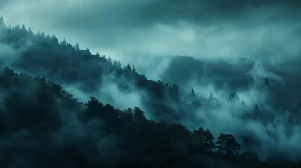 Wandcirkels aluminium misty mountain landscape at dusk dark moody atmosphere abstract nature background © Bijac