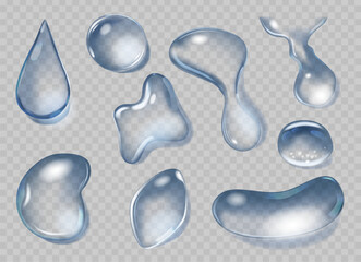 Set of Realistic Water Drops, Tears or Dews. Isolated Vector Blue, Transparent Spheres, Reflecting and Refracting Light - 791823757