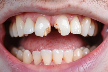 Fototapeta premium Macro image shows damaged teeth with visible cavities and tooth decay in need of dental care