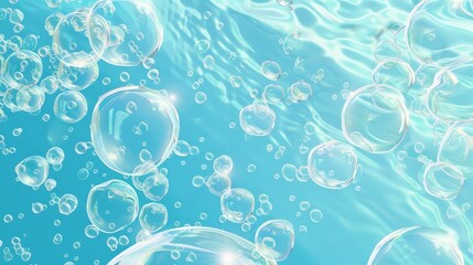 A seamless pattern of air bubbles on blue water surface. This is an abstract background with clear soap or shampoo balloons, underwater fizzing, a texture or wallpaper design as well as a realistic - obrazy, fototapety, plakaty