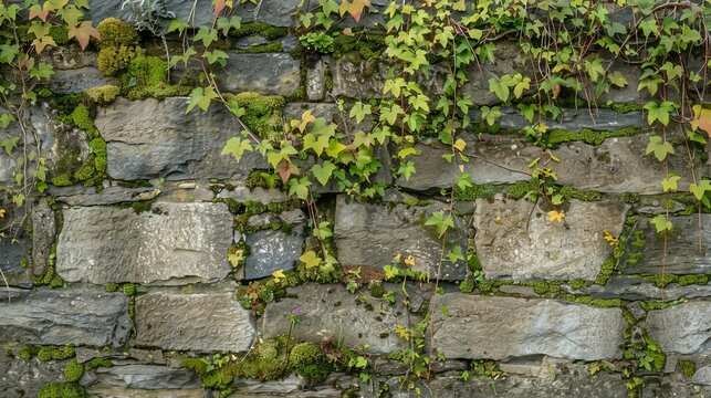 medieval weathered stone wall with moss and vines aged natural texture background high resolution photo