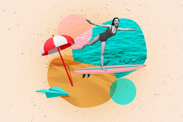 Composite photo collage of happy girl stand surf water activity ocean vacation umbrella paper plane...