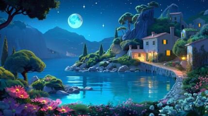 The Mediterranean landscape at night, a beautiful scenic environment with stone houses, illuminated curve roads, mountains, trees and flowers. Scenery panorama modern illustration under a starry sky.