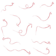 Red hand-drawn brush stroke arrow on a white background.