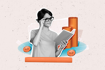 Creative collage photo image young smiling girl reader book copybook golden coins tokens stack reach trader investor satisfied smile - Powered by Adobe
