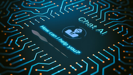 Futuristic AI chat interface with an electronic circuit, advanced AI technology, prompt for user interaction, conceptual animation (3d render)