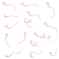 Red hand-drawn brush stroke arrow on a white background.