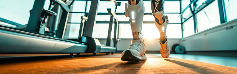A person with bionic limbs engaging in a high-intensity workout, adaptability of biomechanical enhancements in active lifestyles.
