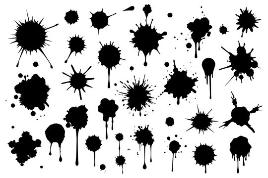 Set of grunge splashes of black color. Paint smudges and stains of various shapes. Design elements. Vector.