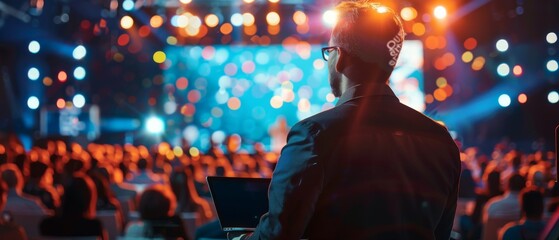 A panel of Indian technology experts share their firms' latest products at a business conference. He's holding a laptop and giving a motivational talk about technology, science, software development,