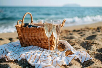 Two champagne glasses in a romantic beach picnic setup with a wicker basket, and sunglasses on a serene beach