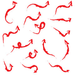 Red hand-drawn brush stroke arrow on a white background.