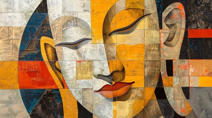 Cubist interpretation of a Buddhist monks face, fragmented and reassembled in abstract forms - obrazy, fototapety, plakaty