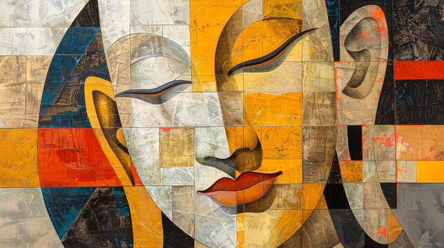 Cubist interpretation of a Buddhist monks face, fragmented and reassembled in abstract forms