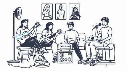 Friends meeting, hobby diversity, happy people chatting in a cafe, young men and women playing board games together, dancing near tape recorders together. A set of line art moderns.
