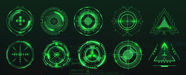 Modern aiming system ui, ux. Futuristic optical aim. Military collimator sight, gun targets focus range indication. Gaming and hi-tech.  Green color. Vector illustration