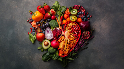 Lebensmittel formen ein Herz als Organ mit Nahrungsmitteln Obst und Gemüse Gesunde Ernährung Generative AI