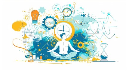 Banner of time management with clock, gears, calendar and doodle of businessman in yoga pose meditating. Modern landing page of work organization and time control.