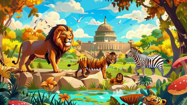 Animals posters in safari parks. Illustration of African lions, tigers, and zebras perched in outdoor zoo areas. Animals life in nature modern invitations.