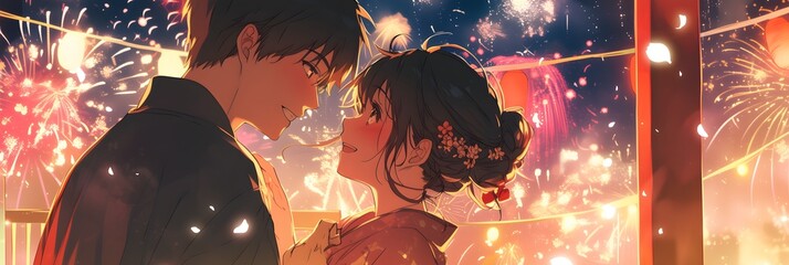 Japanese Summer Festival Two Lovers Watch Fireworks Anime Style Poster Wallpaper