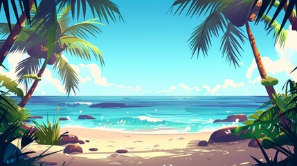 An ocean beach with palm trees in tropical climates. Modern parallax background with cartoon seascape, sand shore and sea lagoon.
