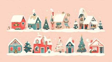 Celebrate the holiday season with a festive cartoon Christmas icon pack featuring charming Christmas houses - obrazy, fototapety, plakaty