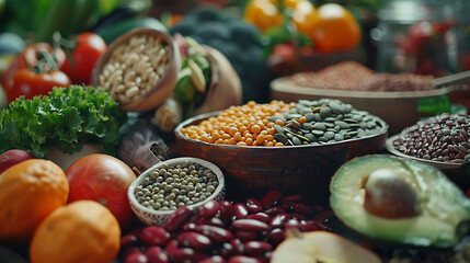 Healthy balanced dieting concept, Selection of rich fiber sources vegan food, Vegetables fruit...