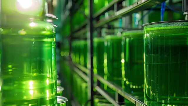 Rows of vibrant green algaefilled tanks at a biorefinery representing the potential for algaebased biofuels to replace traditional fossil fuels in the near future. .