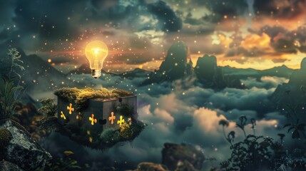 A surreal floating puzzle box in a dream-like landscape, with a lightbulb pulsing with light at each successful puzzle piece fit