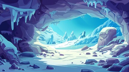 Fototapeta na wymiar Cartoon illustration of the interior of an ice cave with snow and stalactites, a mountain cavern with rocks under a clear blue sky. Fantasy landscape with a frozen grot.