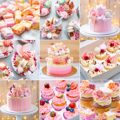 A variety of pink cakes and cupcakes displayed on a table