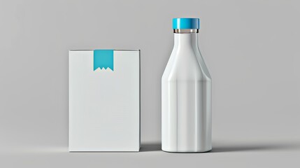 Package mockup for milk or juice, white carton box, blank paper bottle with blue screw lid, front, angle and side views. Container for liquid production, food, beverage, isolated.