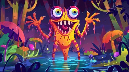 An alien forest landscape is surrounded by tall trees and a water pond, in which a smiling toothed fantasy character with three eyes and long arms is perched, a spooky creature, a modern web banner
