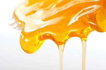 Honey flows down on a white background. For design with space for text.