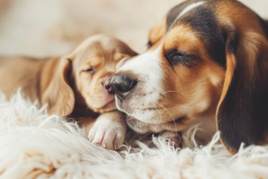 A heartwarming close-up image of an adult beagle gently touching his a beagle puppy, depicting affection and mother's love.
