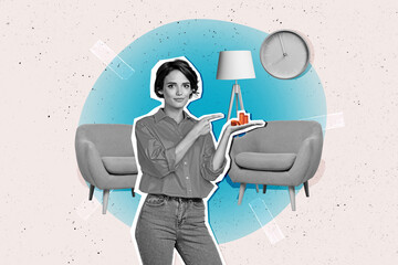 Creative collage young standing woman pointing golden coins stack money finance successful trader...